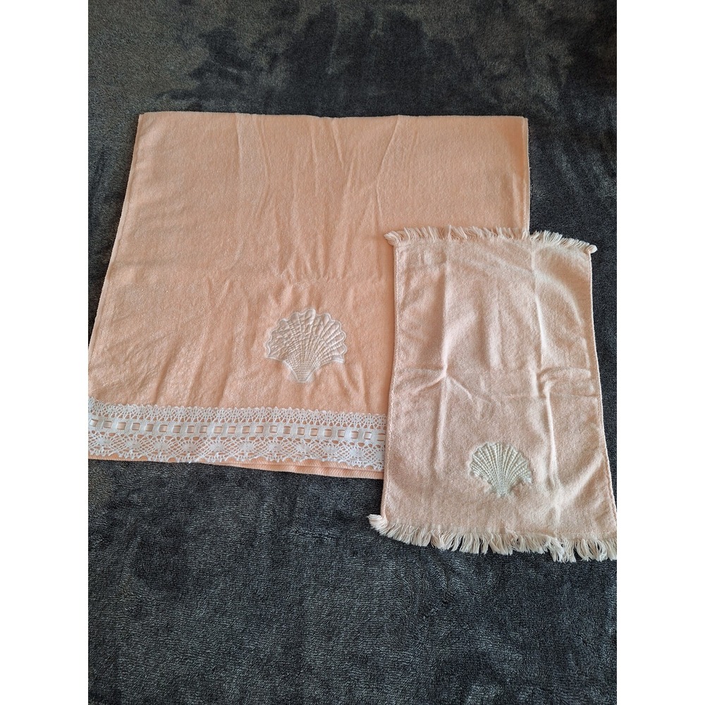 Vantage Ames Towels 1 Bath 1‎ Hand Pink Shell Embroidered Beachy USA Made